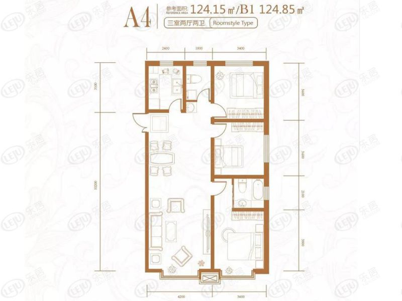 包頭裝修方案名仕花園三室兩廳兩衛(wèi)124.15平方米
